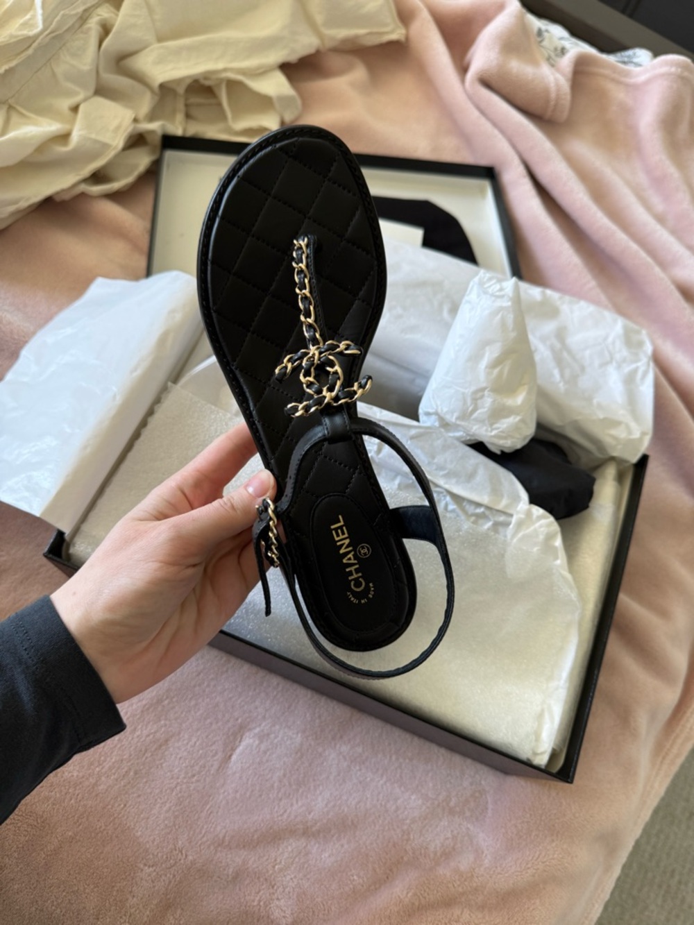 CHANEL Black Quilted Thong Sandal with Gold Chain Detail